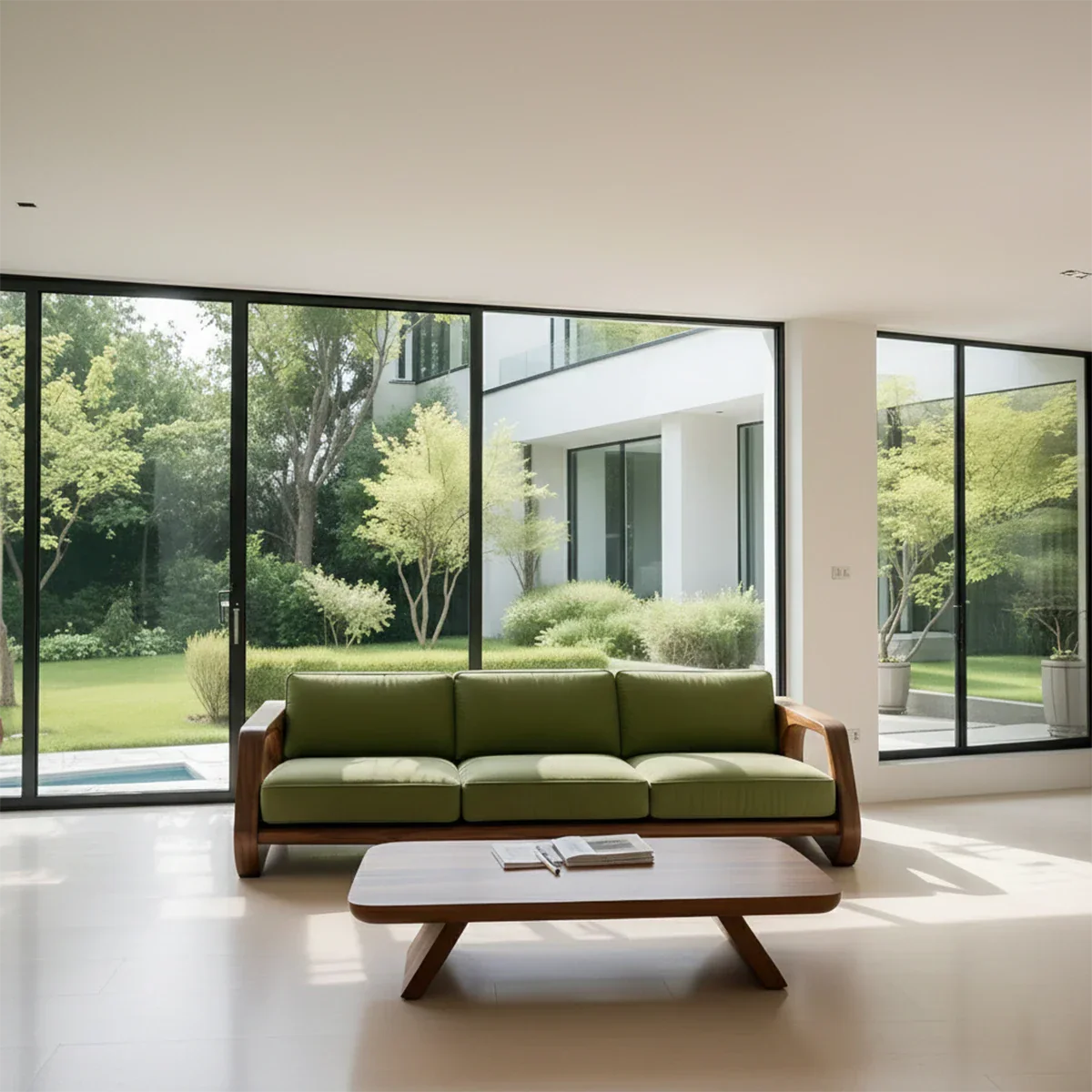 Handcrafted Solid Wood Cotton Sofa – Rustic Green Modern Design - Rustirawood