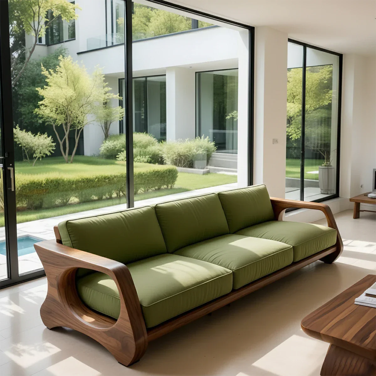 Handcrafted Solid Wood Cotton Sofa – Rustic Green Modern Design - Rustirawood