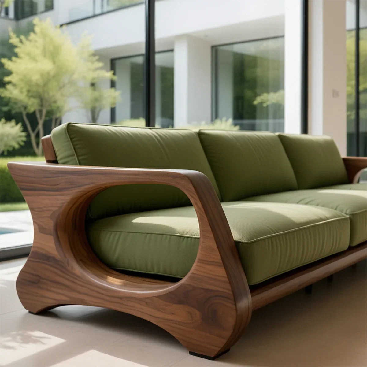 Handcrafted Solid Wood Cotton Sofa – Rustic Green Modern Design - Rustirawood