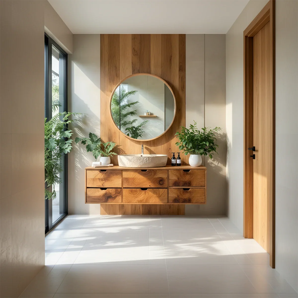Handcrafted Solid Wood Floating Vanity with Stone Basin - Rustira