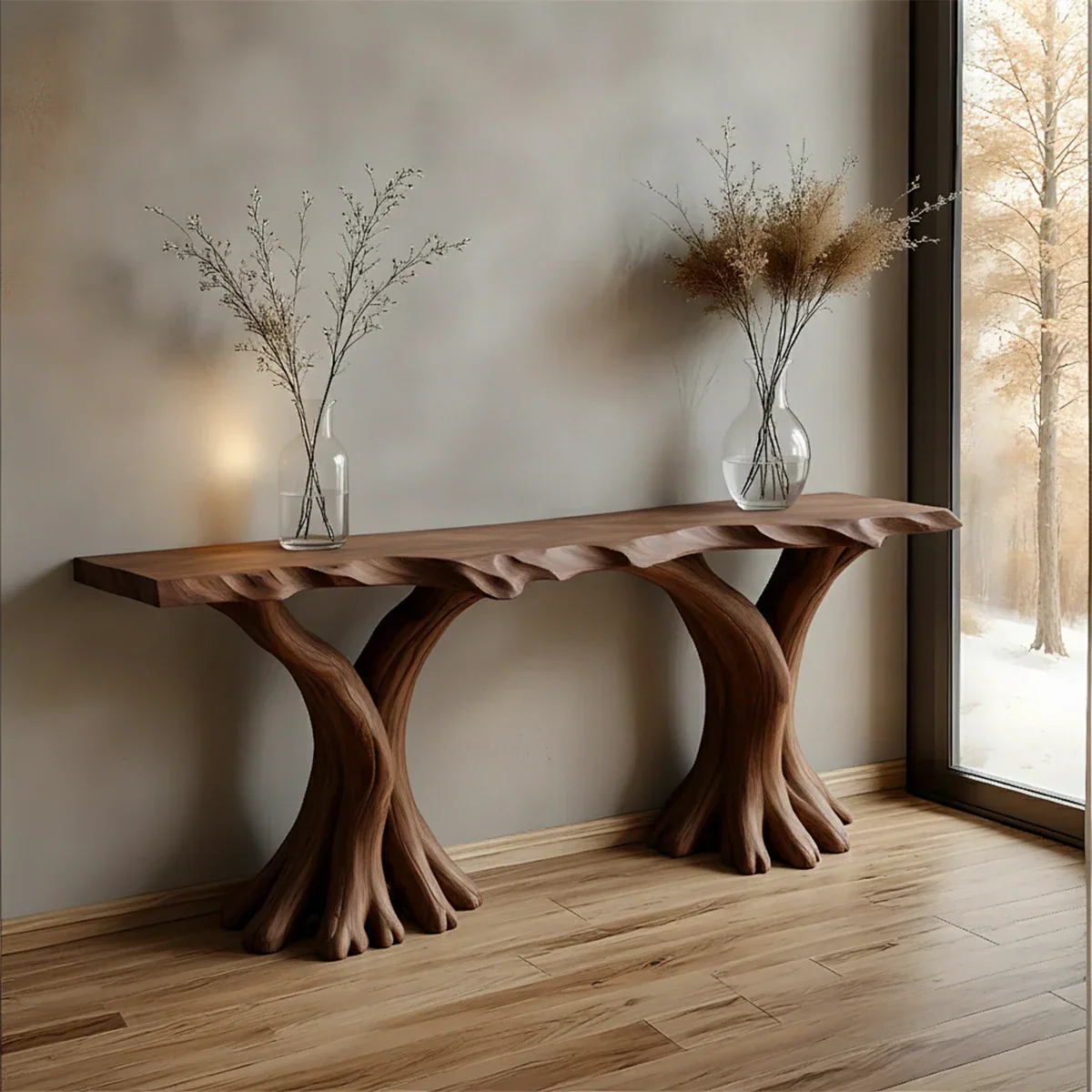 Handcrafted Solid Wood Triple-Root Sculptural Console Table - Rustirawood