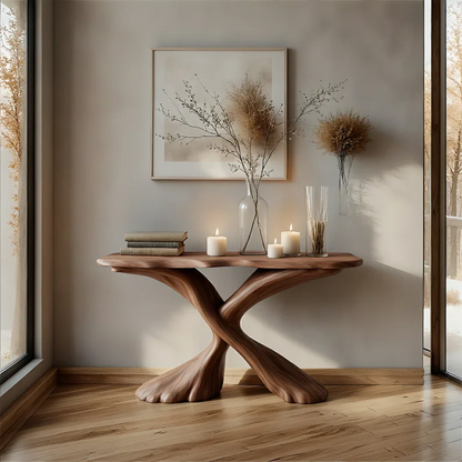 Handcrafted Solid Wood Twisted Sculptural Console – Japandi Art Form - Rustirawood