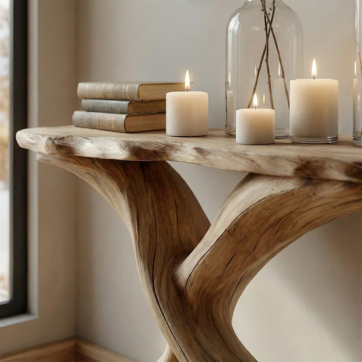 Handcrafted Solid Wood Twisted Sculptural Console – Japandi Art Form - Rustirawood