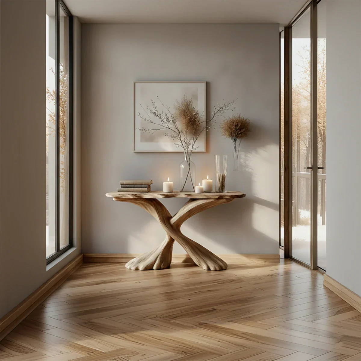 Handcrafted Solid Wood Twisted Sculptural Console – Japandi Art Form - Rustirawood