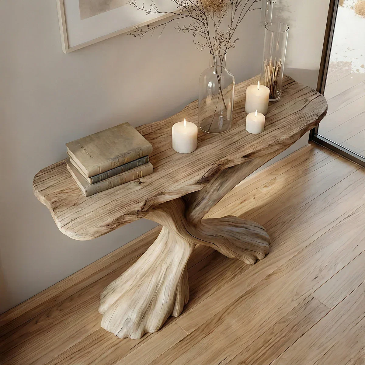 Handcrafted Solid Wood Twisted Sculptural Console – Japandi Art Form - Rustirawood