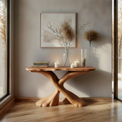 Handcrafted Solid Wood Twisted Sculptural Console – Japandi Art Form - Rustirawood