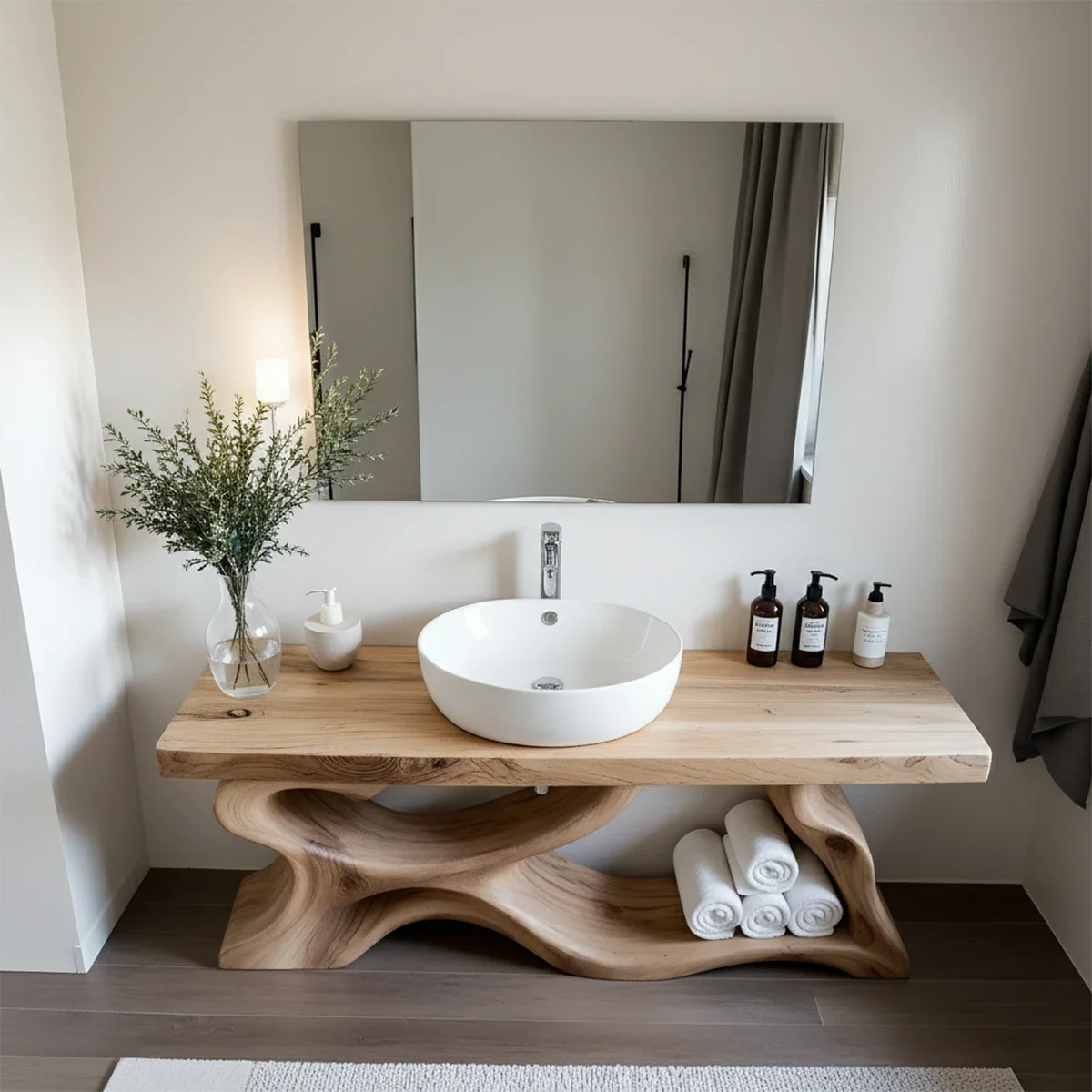 Handcrafted Solid Wood Vanity with Organic Curved Base - Rustira