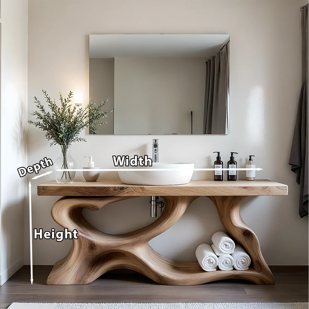 Handcrafted Solid Wood Vanity with Organic Curved Base - Rustira