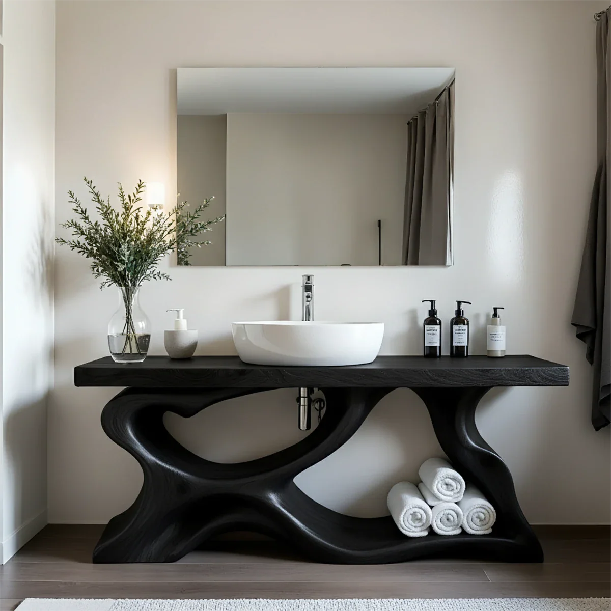 Handcrafted Solid Wood Vanity with Organic Curved Base - Rustira