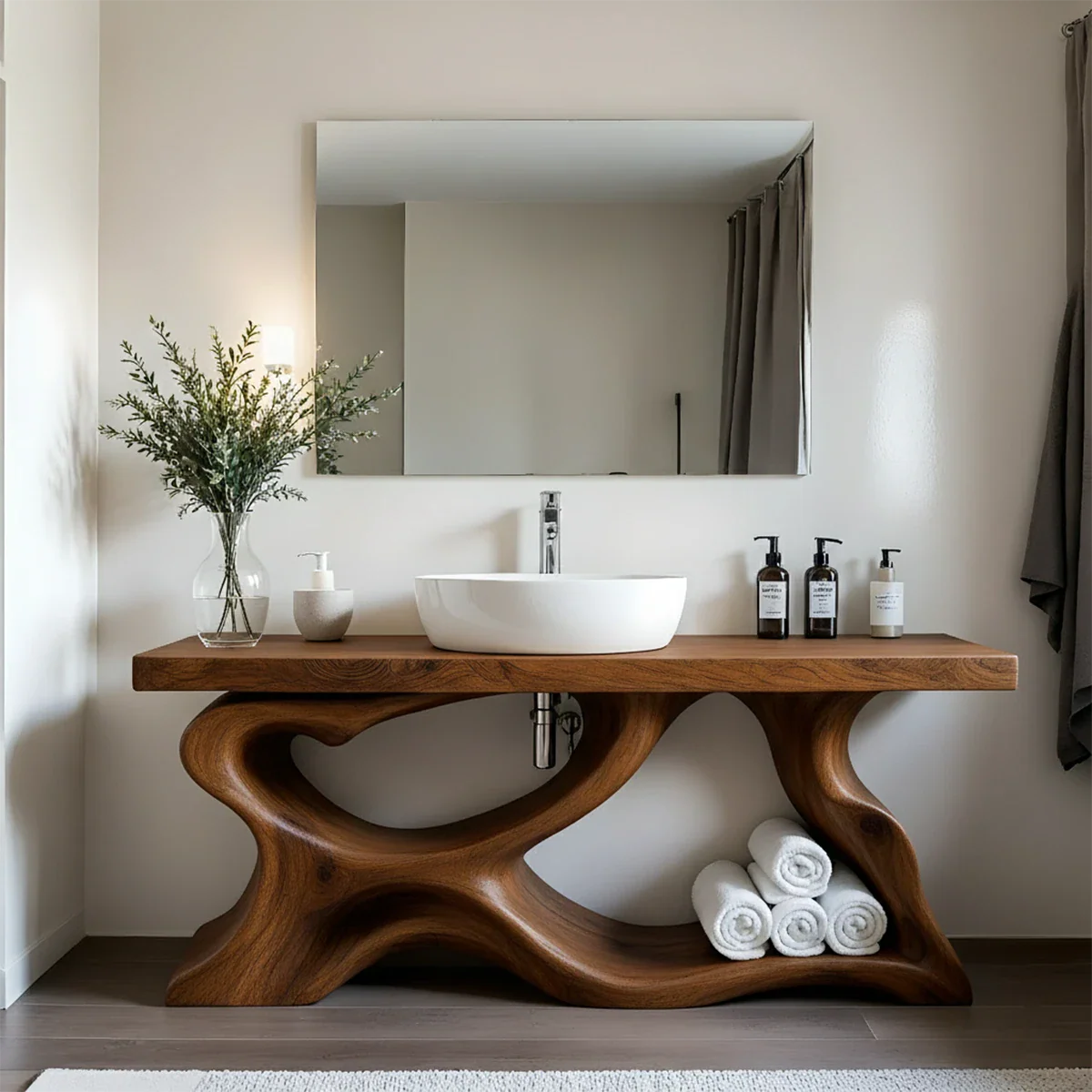 Handcrafted Solid Wood Vanity with Organic Curved Base - Rustira