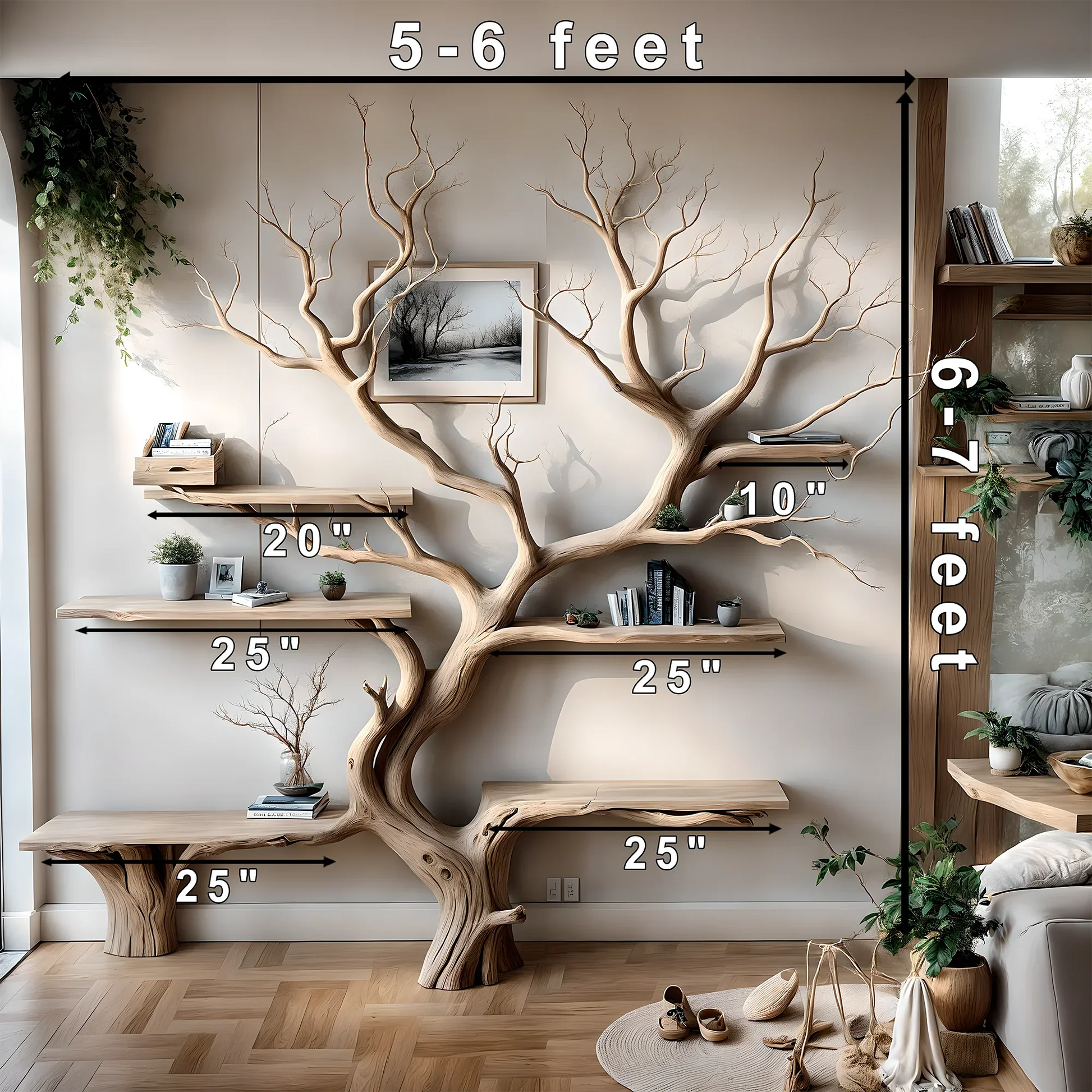 Handmade tree branch bookshelf, natural wood, preschool bookshelf, children's room bookshelf, solid wood 