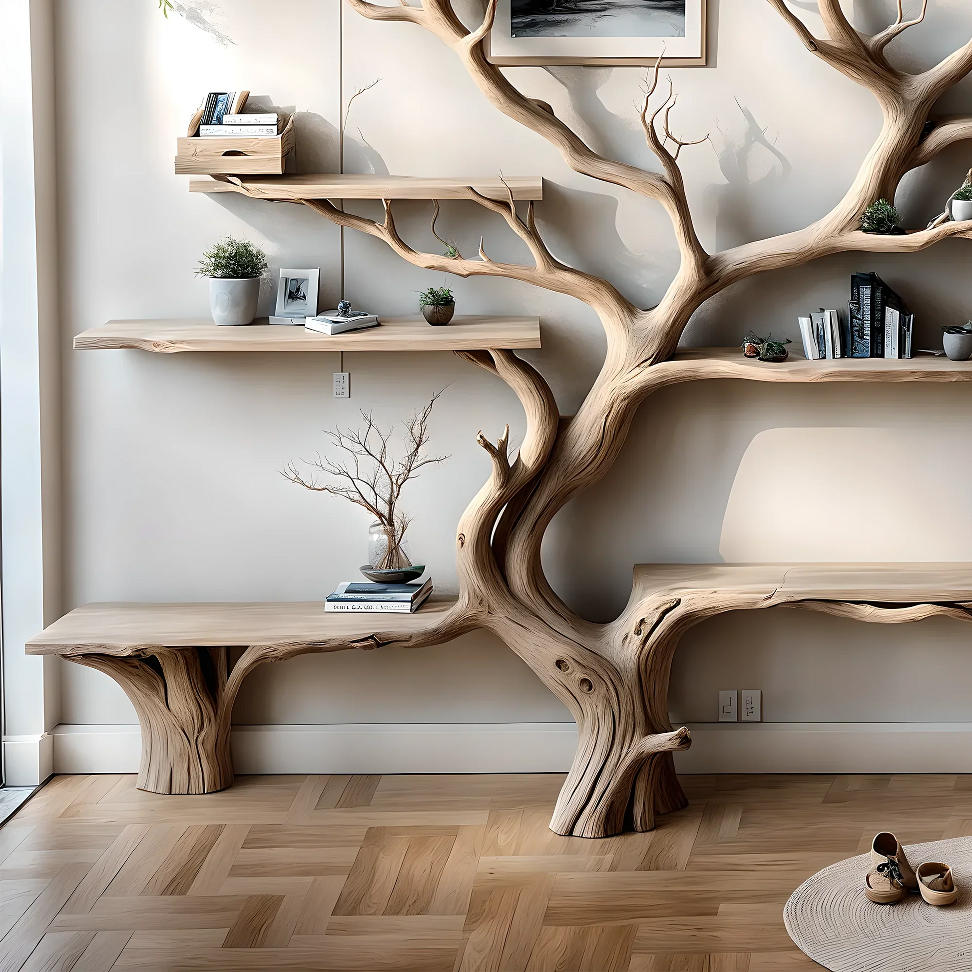 Handmade tree branch bookshelf, natural wood, preschool bookshelf, children's room bookshelf, solid wood 