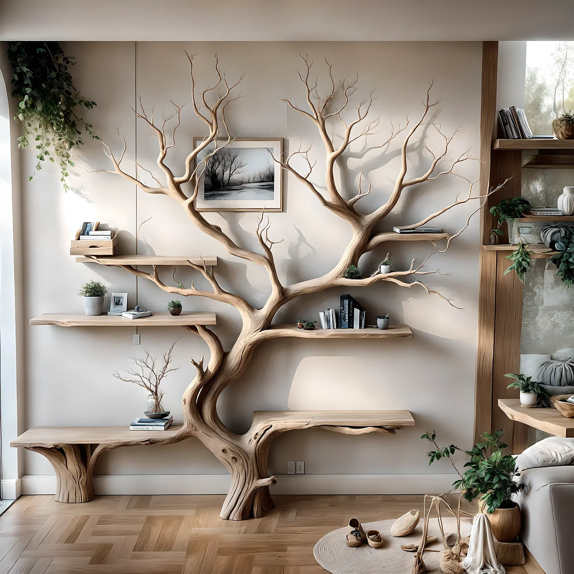 Handmade tree branch bookshelf, natural wood, preschool bookshelf, children's room bookshelf, solid wood 