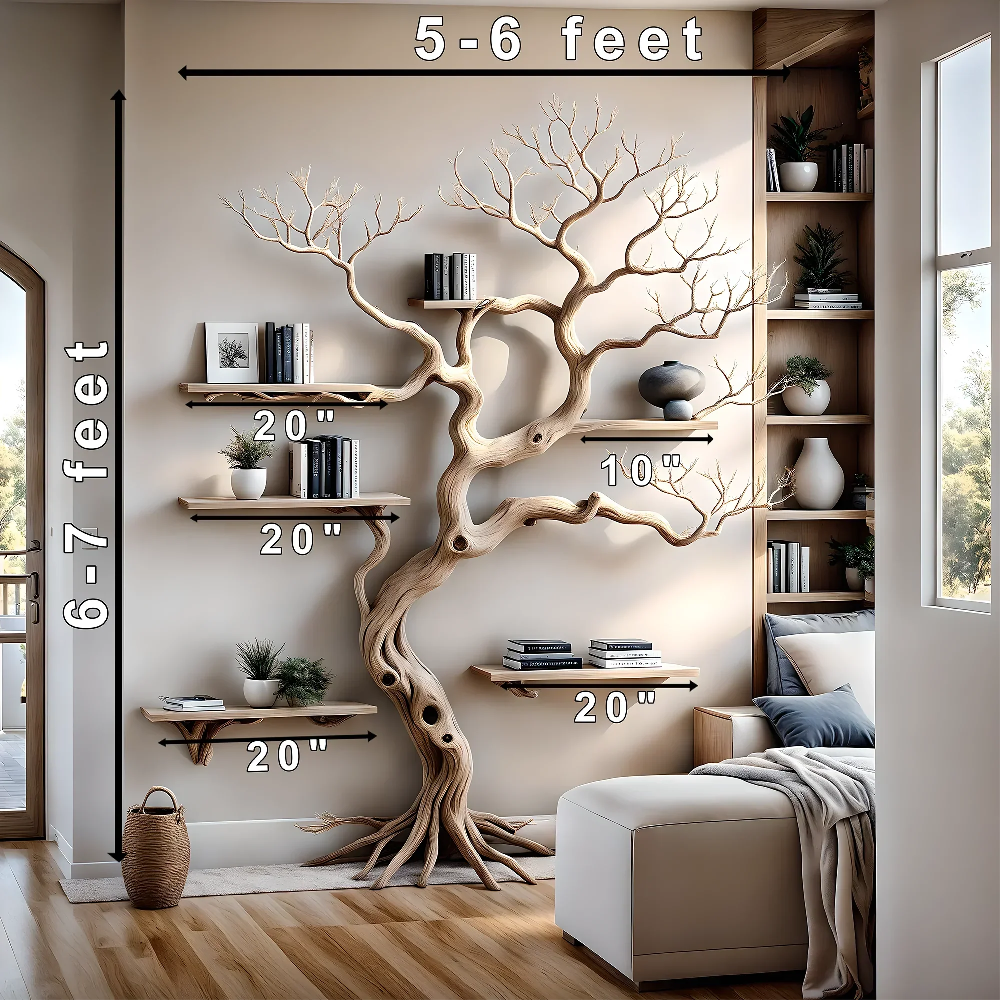 Handmade tree branch bookshelf, natural wood, preschool bookshelf, children's room bookshelf, solid wood floating shelf 