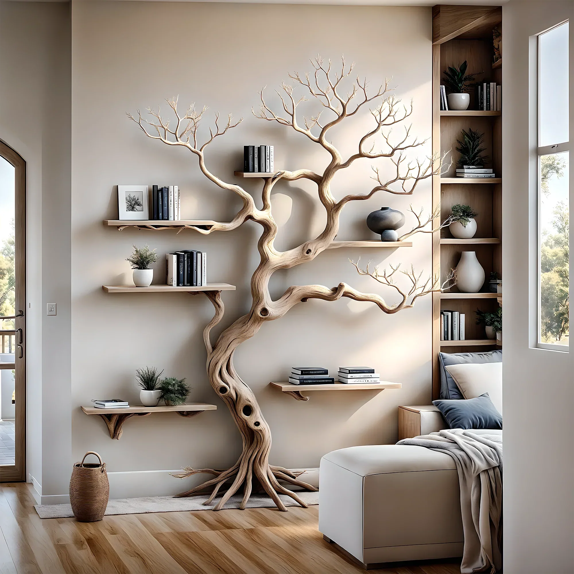 Handmade tree branch bookshelf, natural wood, preschool bookshelf, children's room bookshelf, solid wood floating shelf 