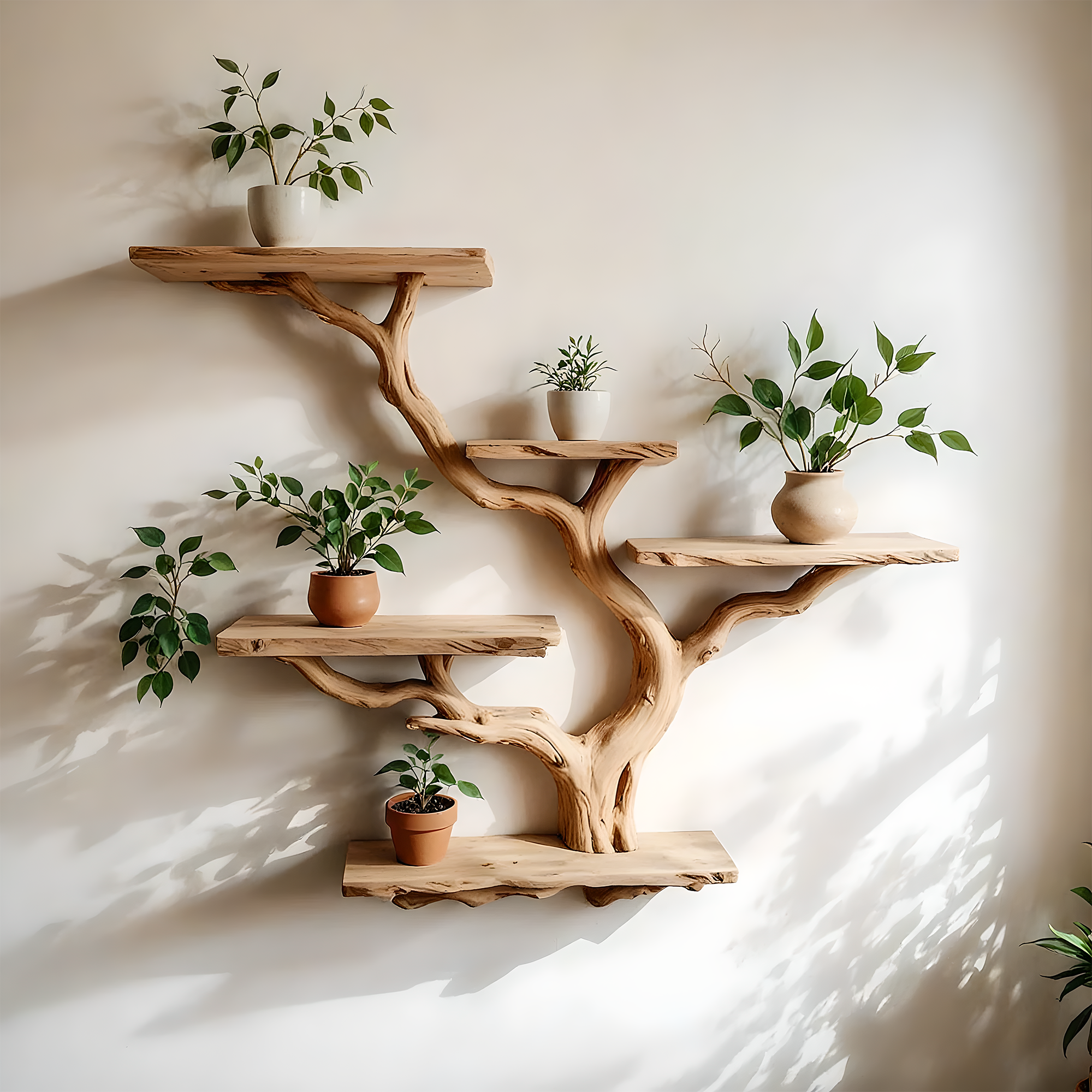 Handmade tree shelf with real wood branches. Perfect for books, plants, and wall decor. 