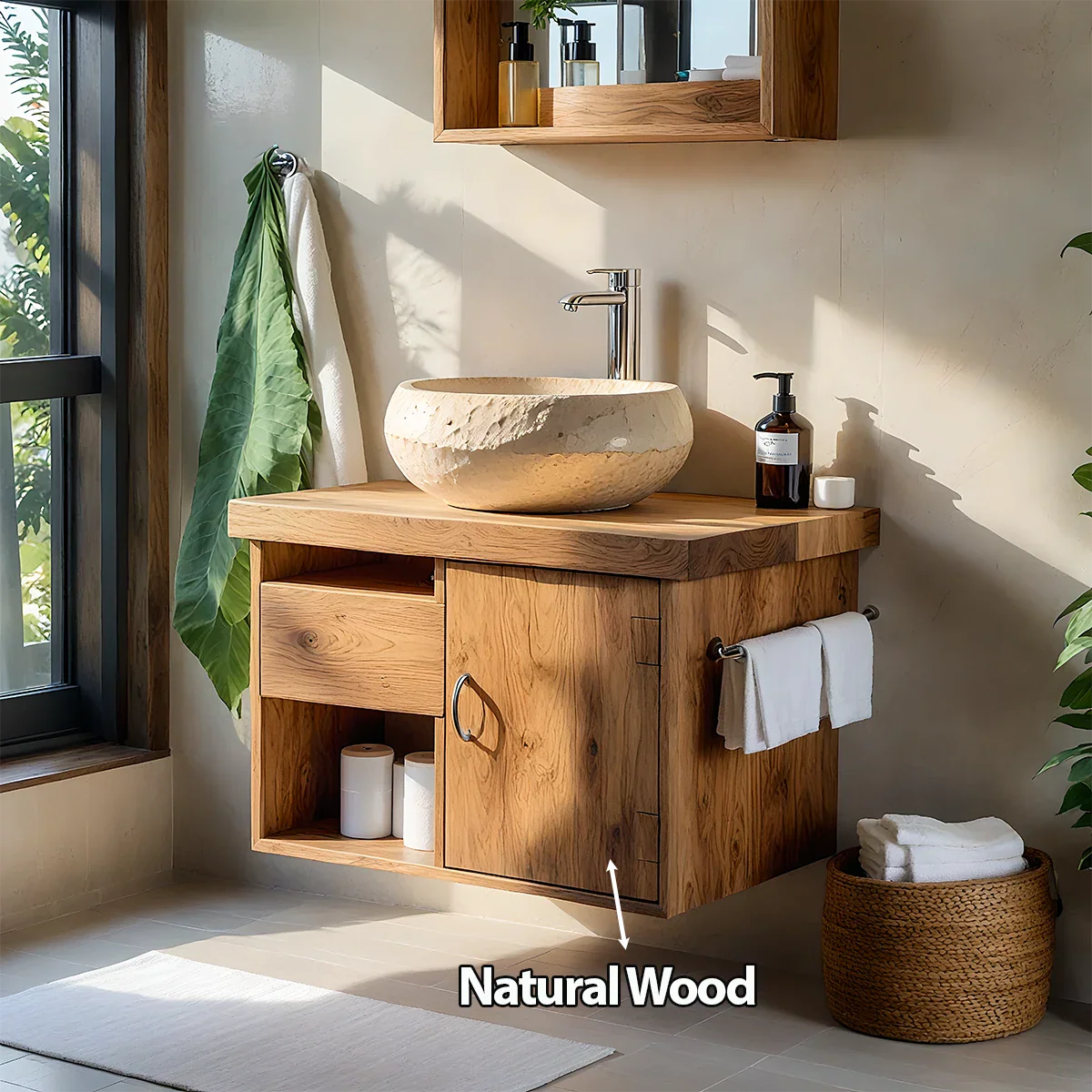 Harmony Wall-Mounted Vanity – Natural Solid Wood Compact Bathroom Cabinet - Rustira