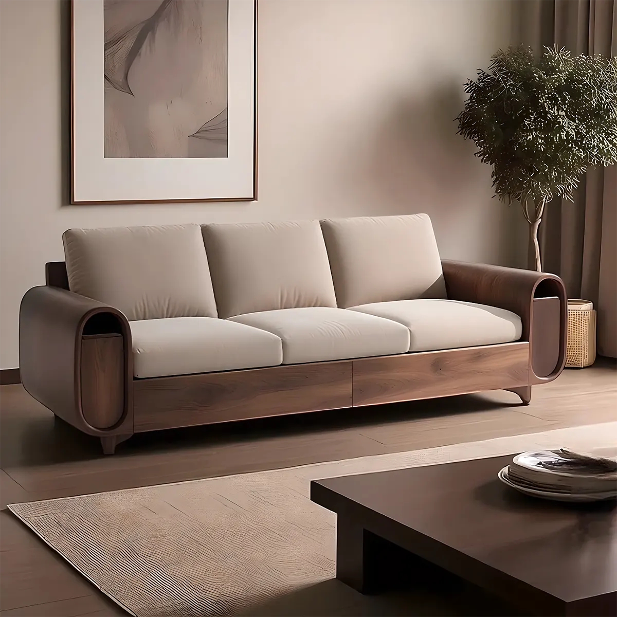High-class Ash Wood Sofa - Modern Rounded Design, Soft Foam Cushion 
