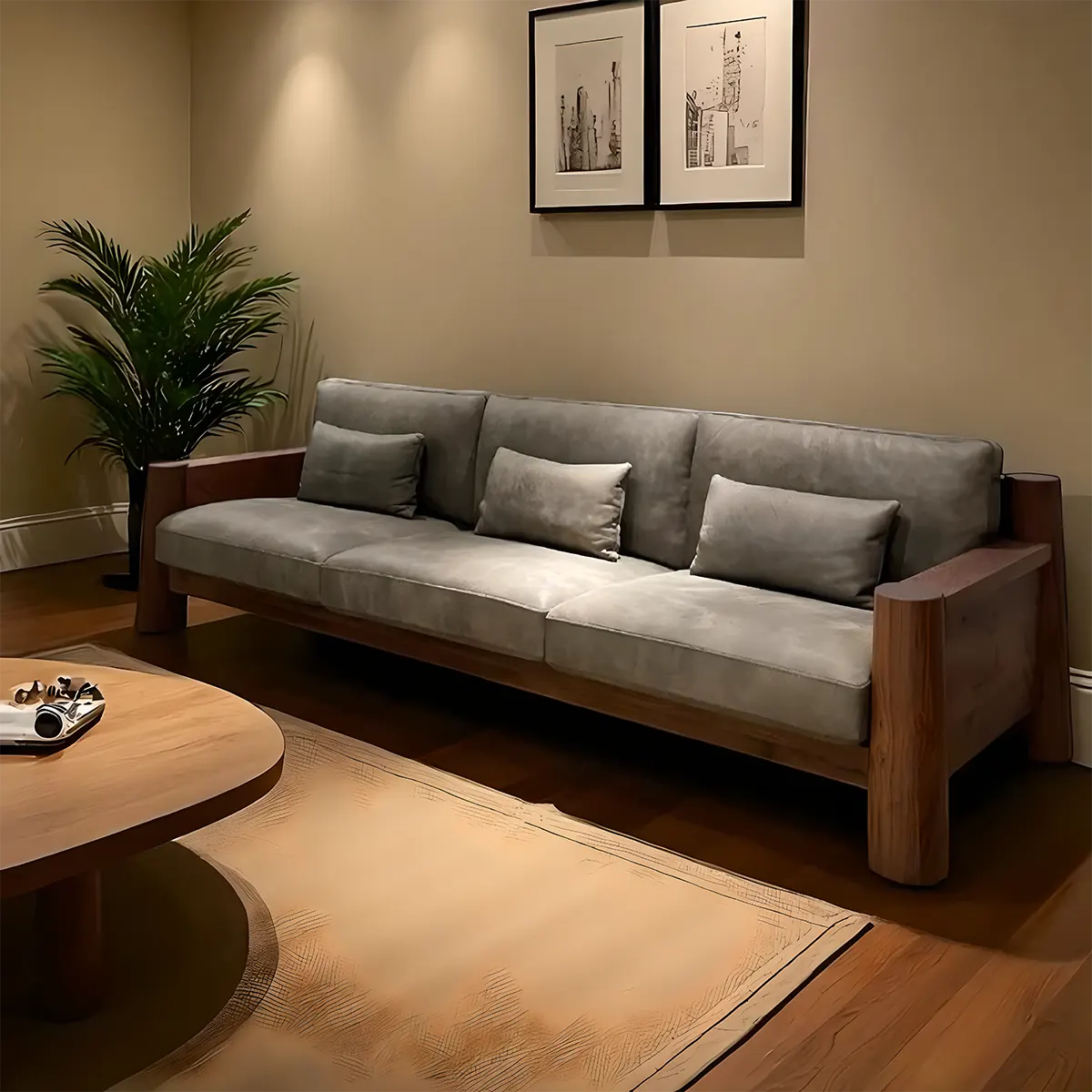 High-class Ash Wood Sofa – Modern design | Natural Ash wood frame + Soft fabric cushion 