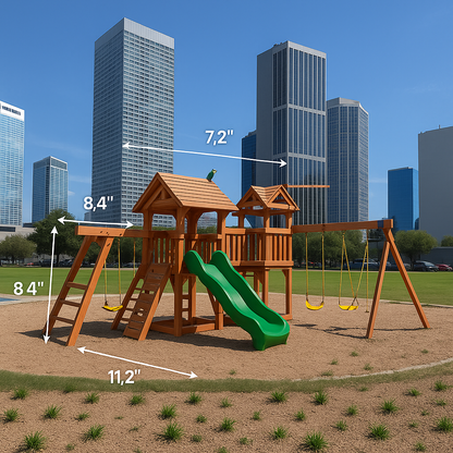 Outdoor Wooden Playset with Playhouse, Swings, Rock Wall & Double Slide for Kids