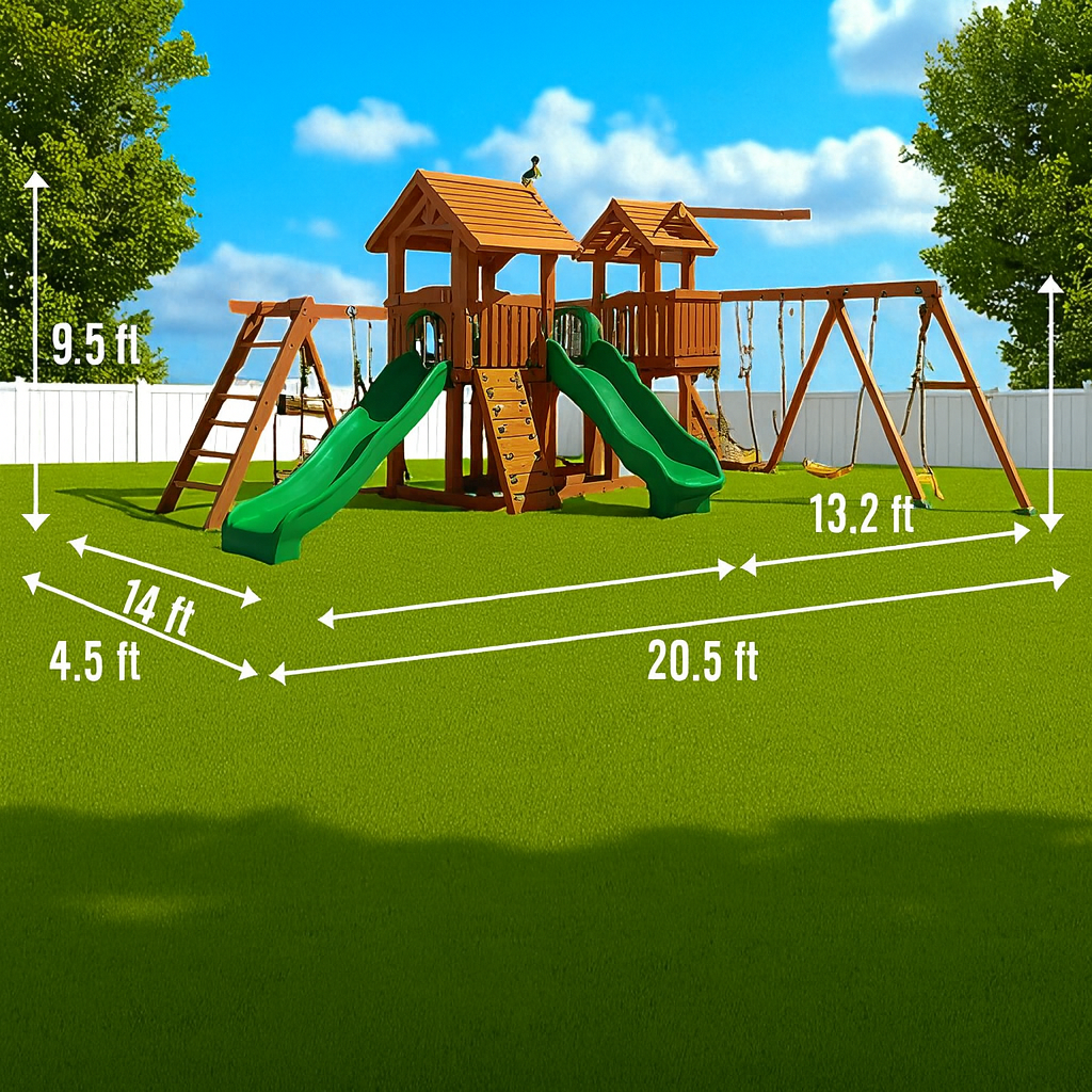 Wooden Outdoor Swing Set Playground with Double Slides, Swings & Climbing Wall – Large Backyard Playhouse for Kids