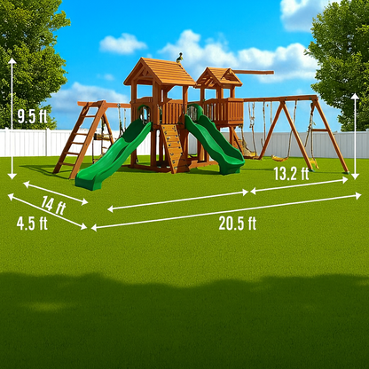 Wooden Outdoor Swing Set Playground with Double Slides, Swings & Climbing Wall – Large Backyard Playhouse for Kids