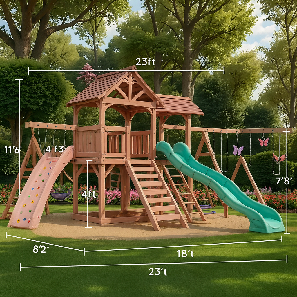 Backyard Kids Playground – Wooden Swing Set with Playhouse, Slides & Climbing Features