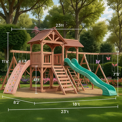 Backyard Kids Playground – Wooden Swing Set with Playhouse, Slides & Climbing Features