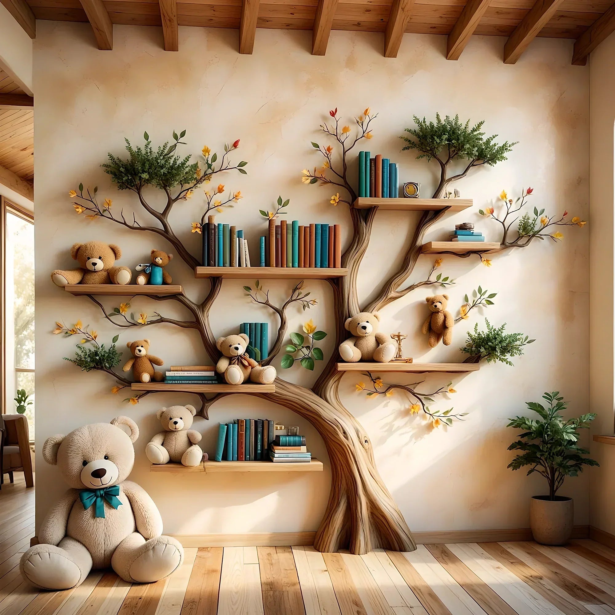 Wooden bookshelf designed in the shape of a tree - Create a joyful study space for children 