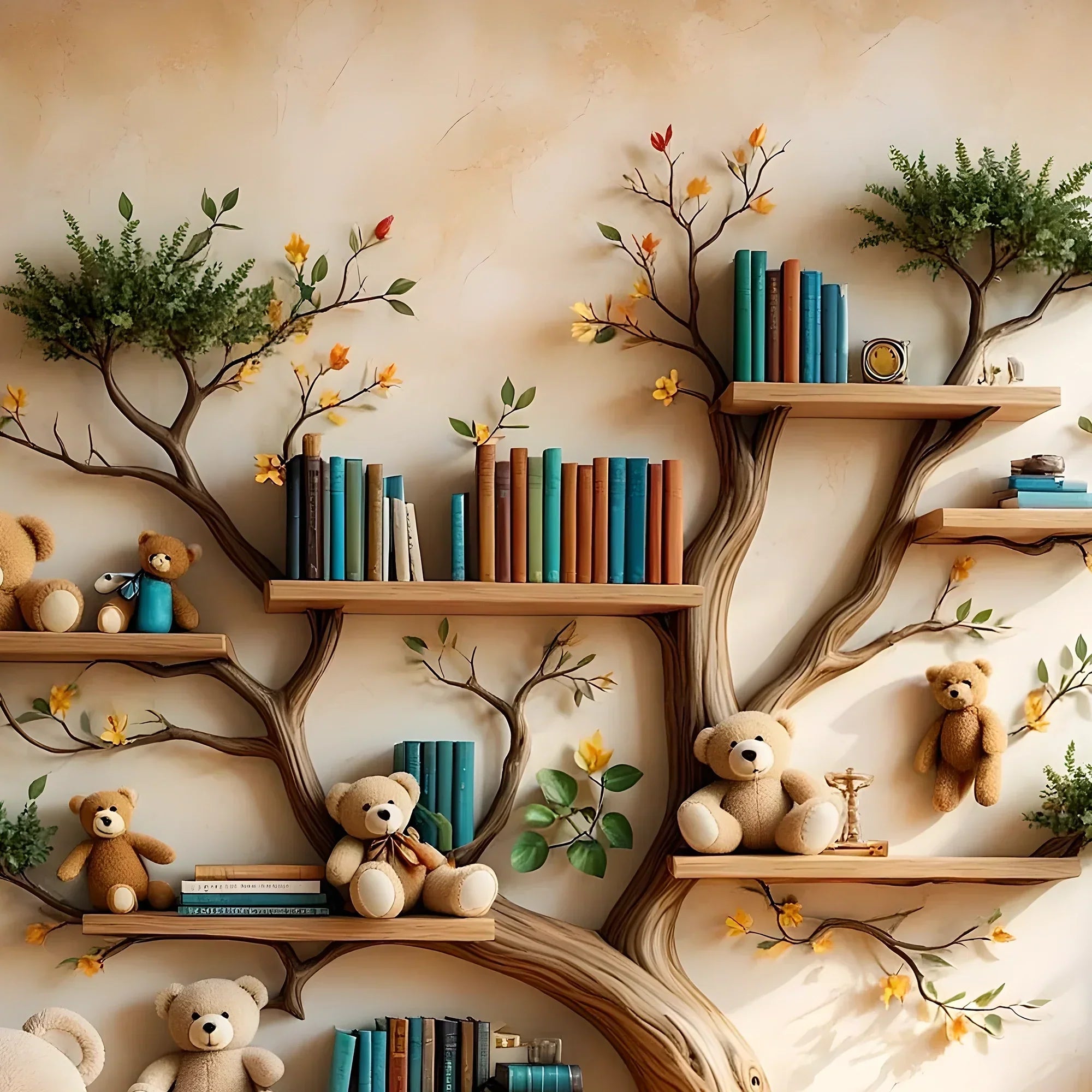 Wooden bookshelf designed in the shape of a tree - Create a joyful study space for children 
