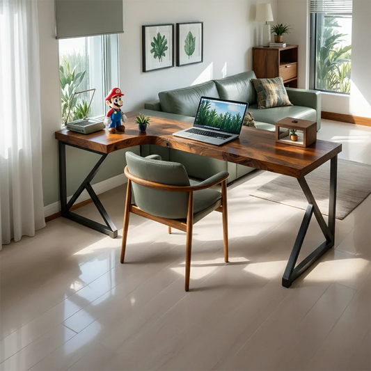 L-Shaped Solid Wood Desk with Steel Z-Frame - Rustirawood