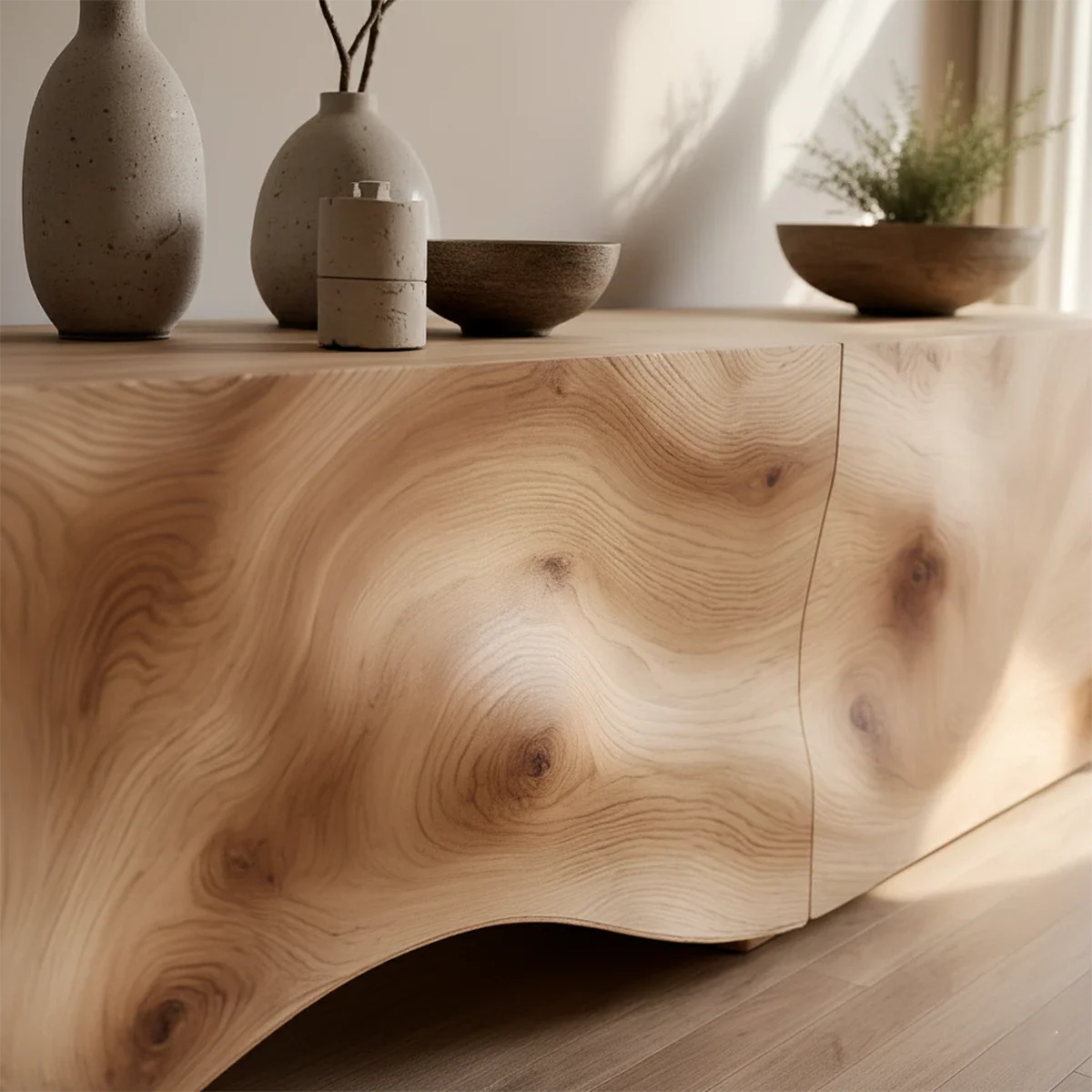 Light Burl Wave Solid Wood TV Console – Minimal Organic Design - Rustira