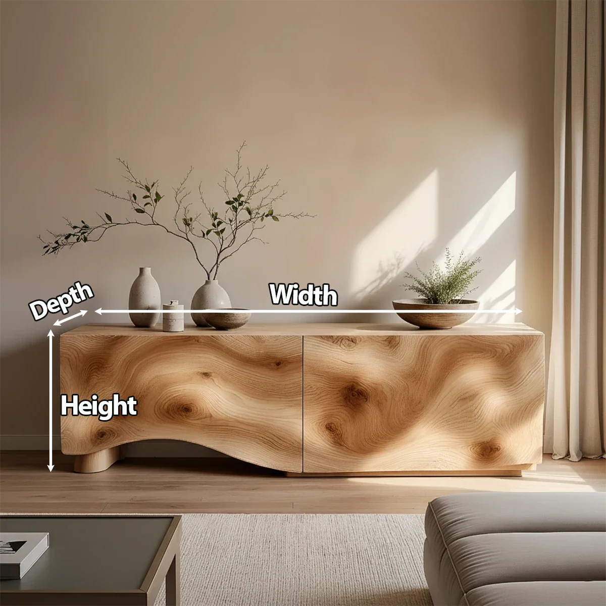 Light Burl Wave Solid Wood TV Console – Minimal Organic Design - Rustira