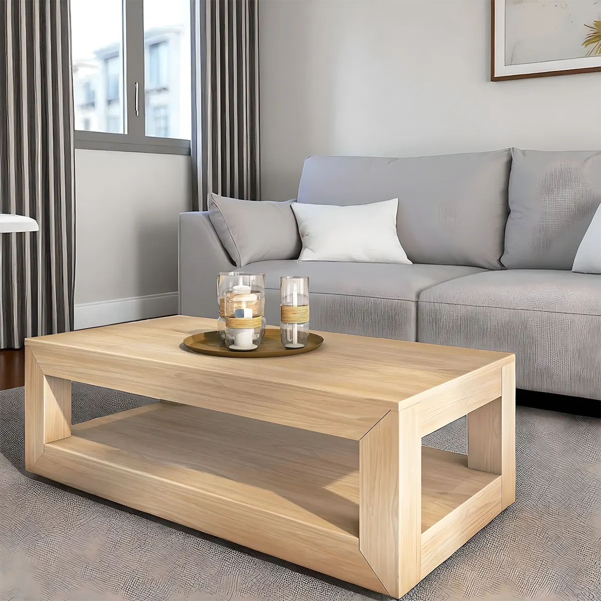 Light Oak Coffee Table, Modern Minimalist Design, 2 Tiers 