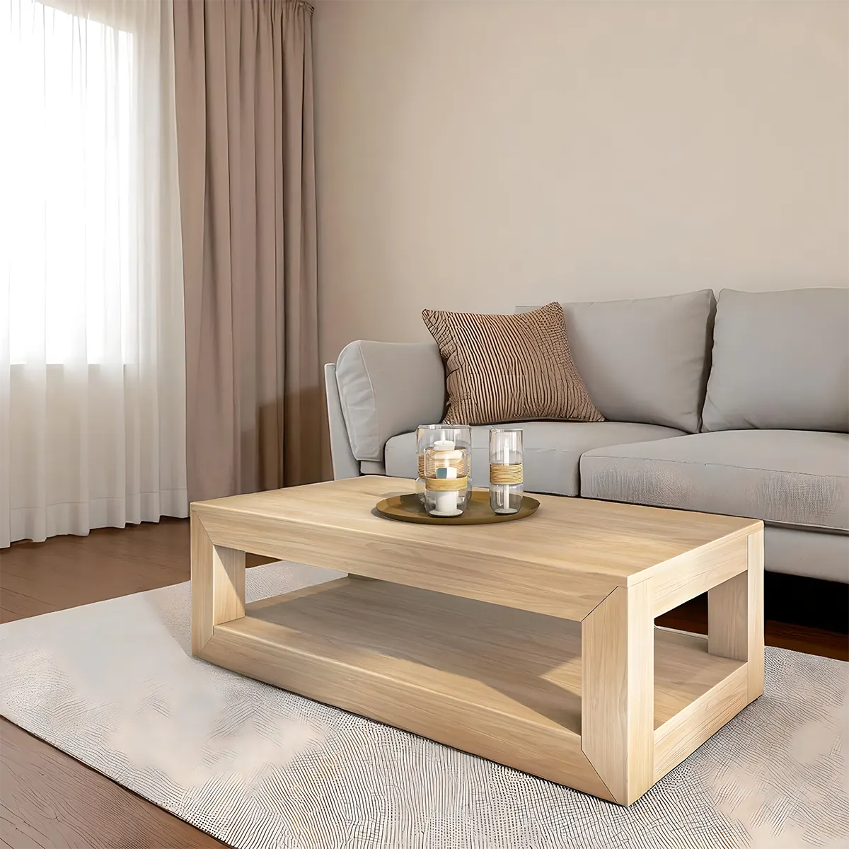 Light Oak Coffee Table, Modern Minimalist Design, 2 Tiers 