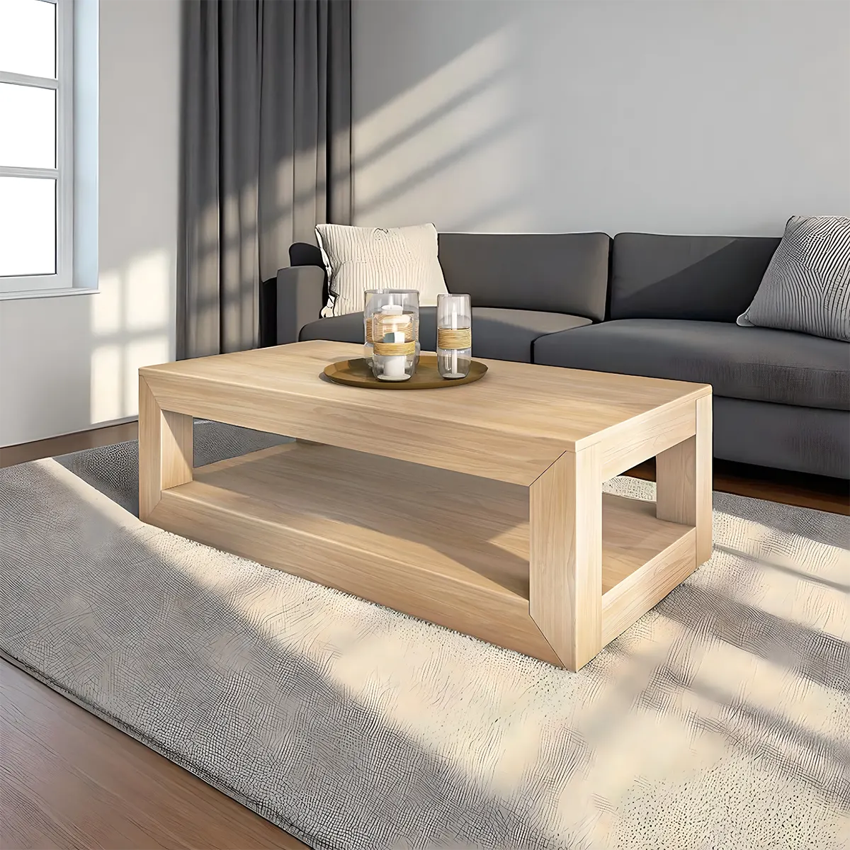 Light Oak Coffee Table, Modern Minimalist Design, 2 Tiers 