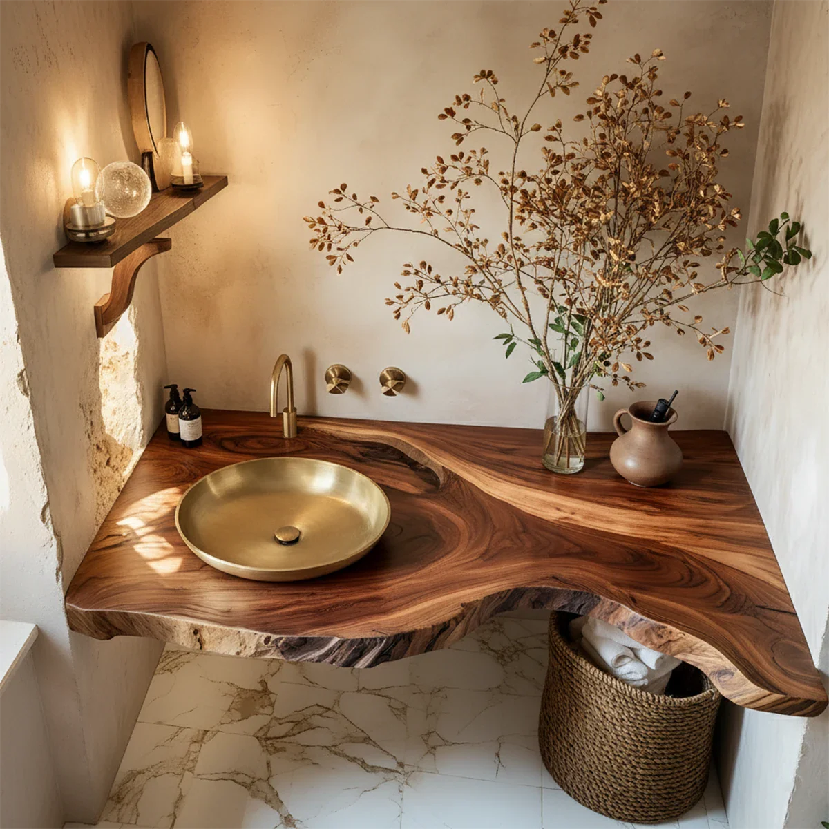 Live Edge Corner Floating Bathroom Vanity — Organic Wabi-Sabi Luxury - Rustira