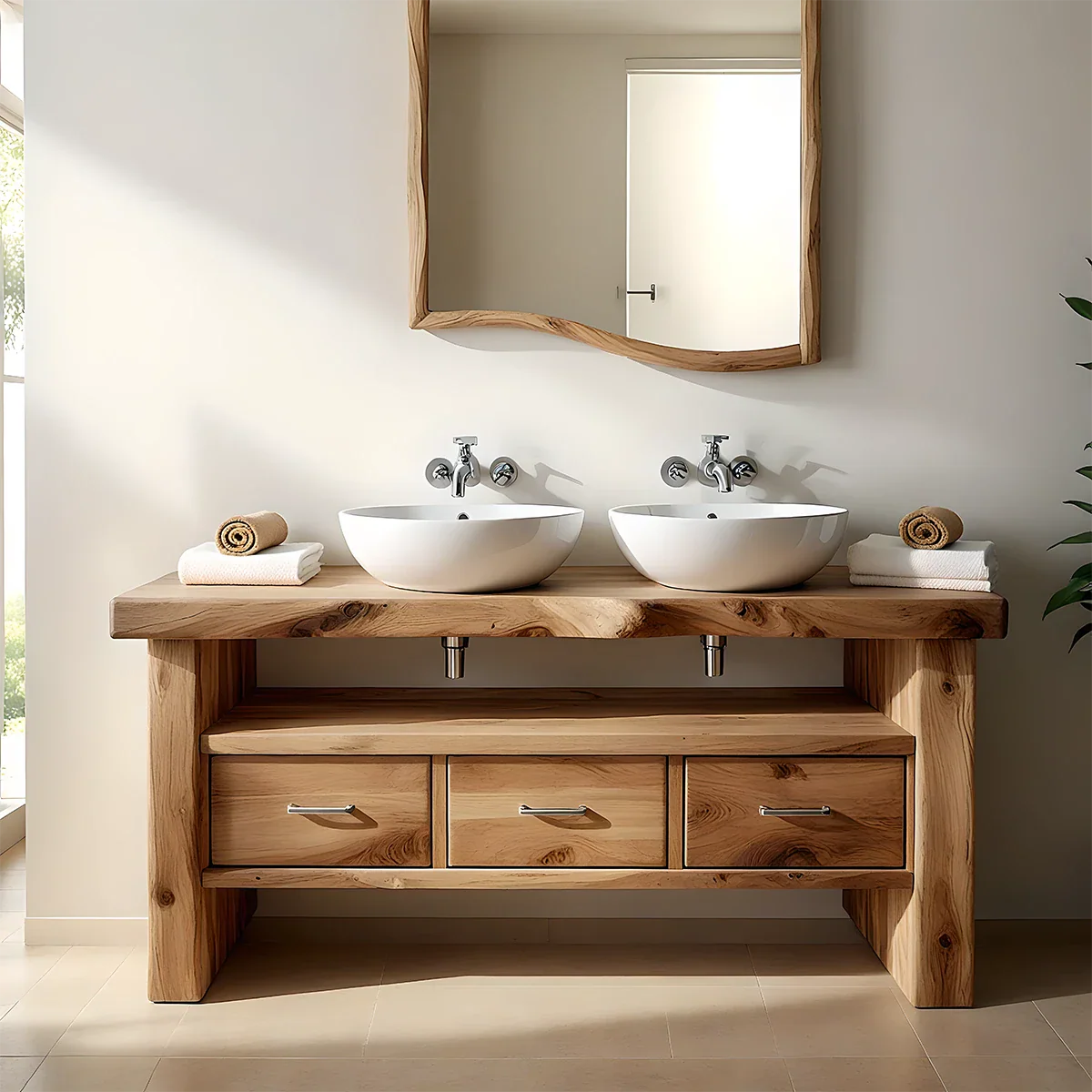 Live Edge Double Sink Solid Wood Vanity – Japandi Rustic Design - Rustira