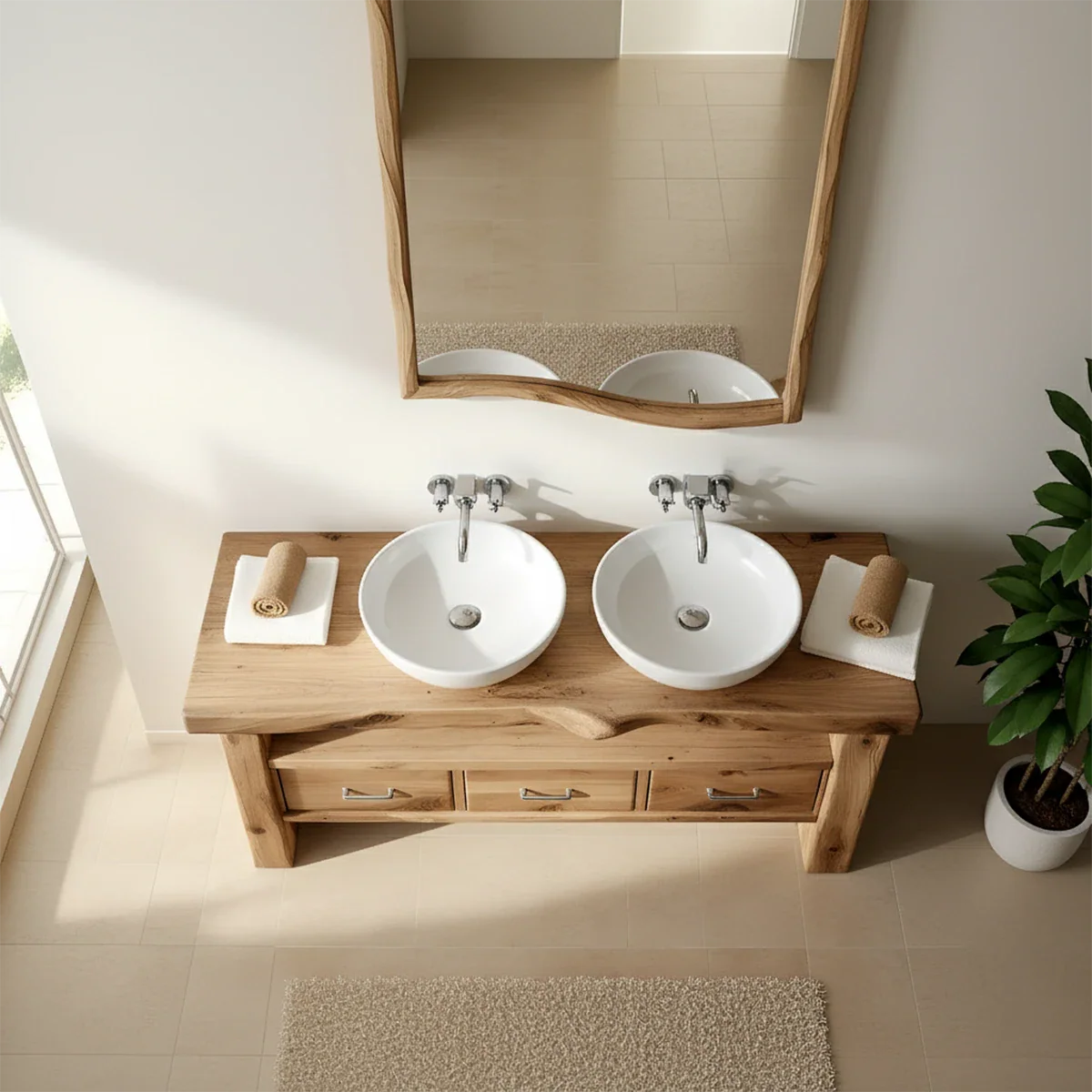 Live Edge Double Sink Solid Wood Vanity – Japandi Rustic Design - Rustira