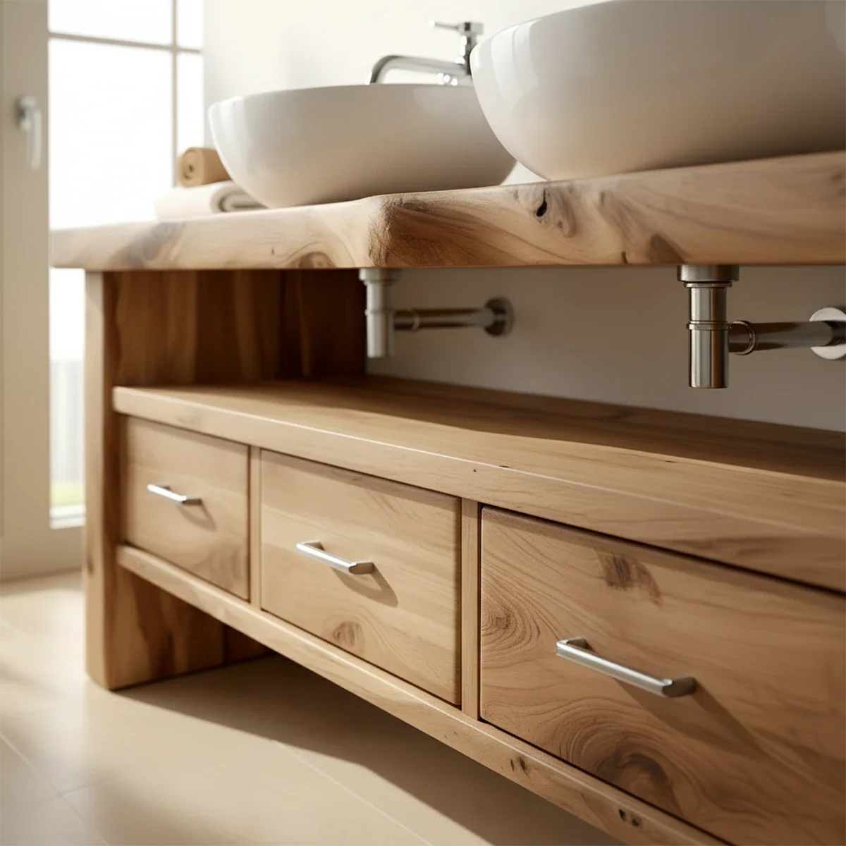 Live Edge Double Sink Solid Wood Vanity – Japandi Rustic Design - Rustira