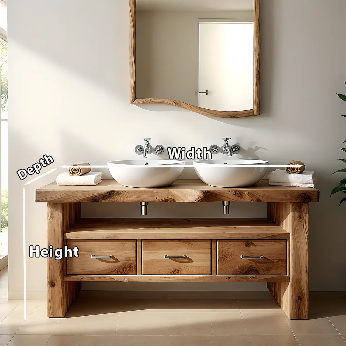 Live Edge Double Sink Solid Wood Vanity – Japandi Rustic Design - Rustira