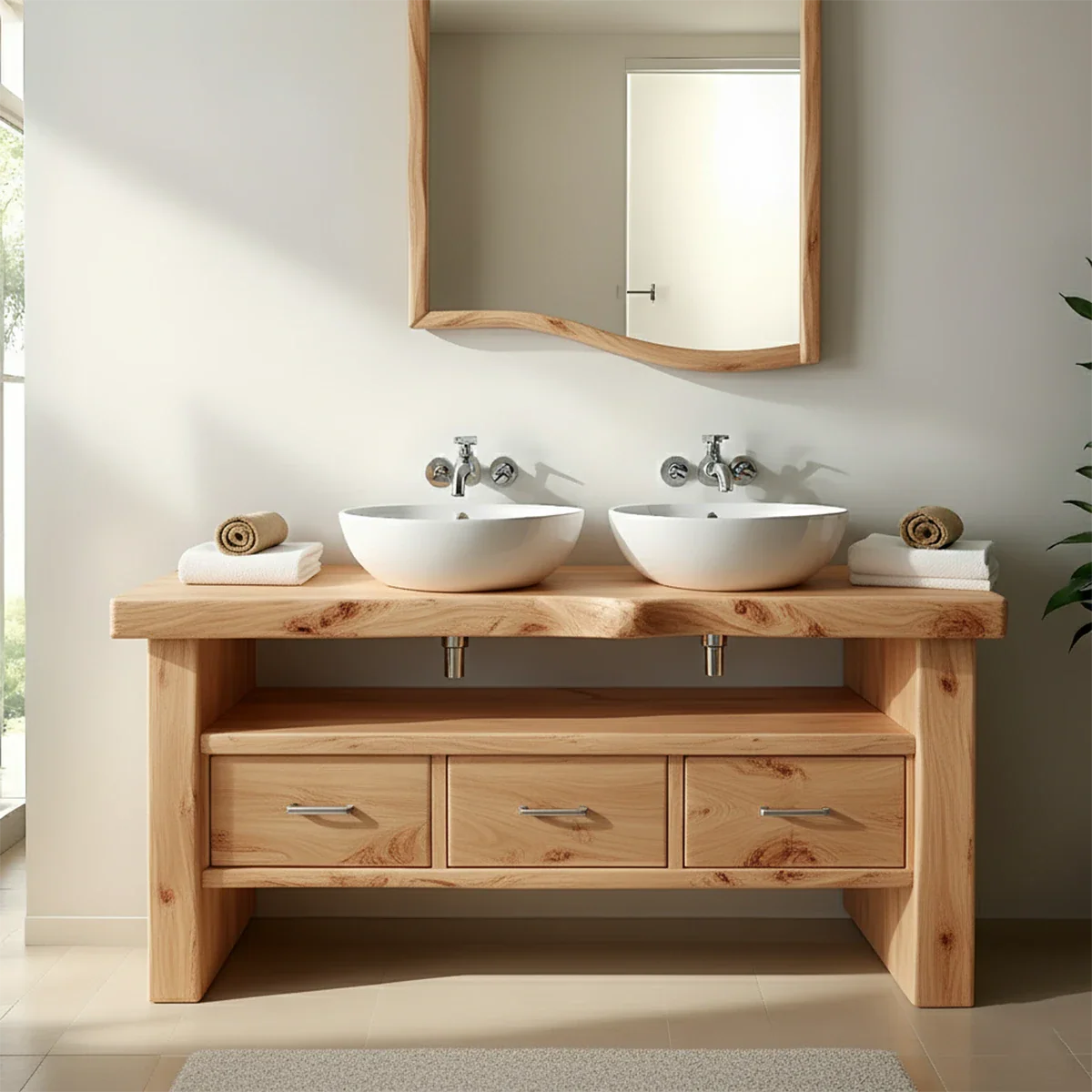 Live Edge Double Sink Solid Wood Vanity – Japandi Rustic Design - Rustira