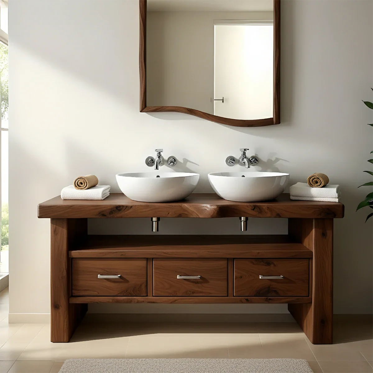 Live Edge Double Sink Solid Wood Vanity – Japandi Rustic Design - Rustira