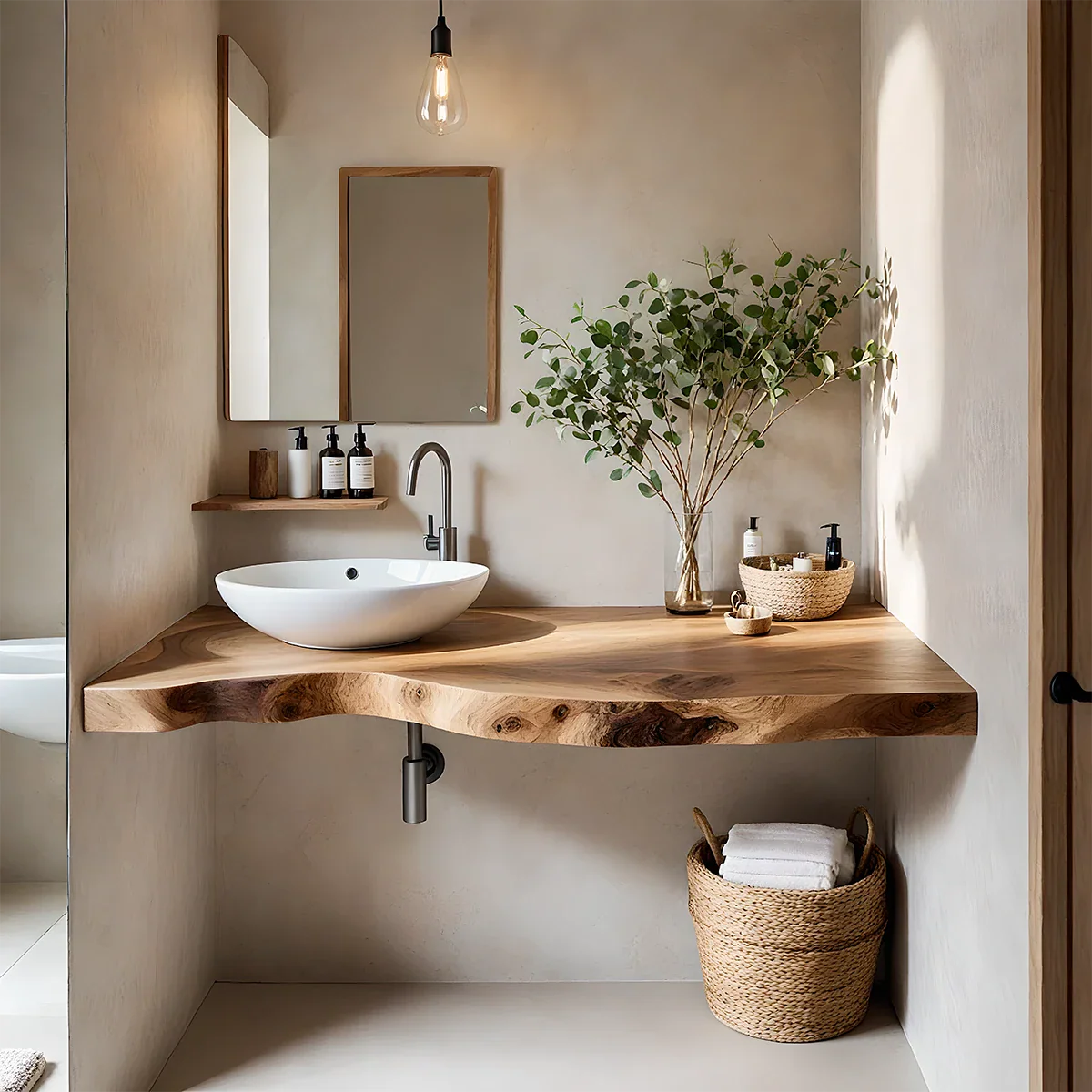 Live Edge Floating Wood Bathroom Vanity Countertop – Minimal Organic Design - Rustira