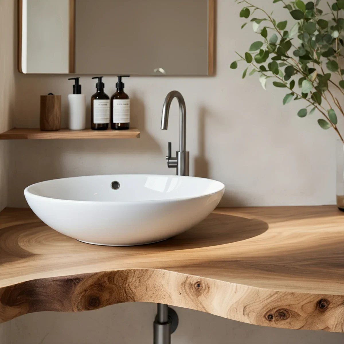 Live Edge Floating Wood Bathroom Vanity Countertop – Minimal Organic Design - Rustira