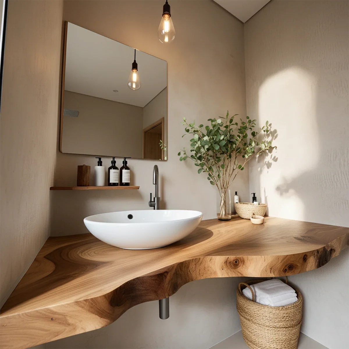 Live Edge Floating Wood Bathroom Vanity Countertop – Minimal Organic Design - Rustira