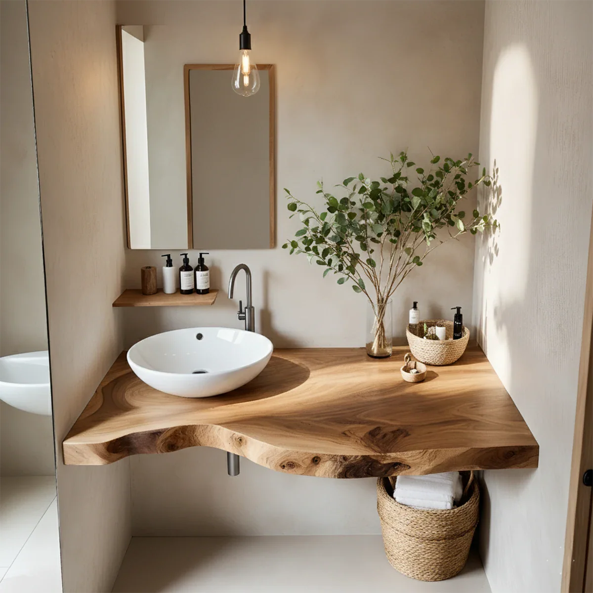 Live Edge Floating Wood Bathroom Vanity Countertop – Minimal Organic Design - Rustira