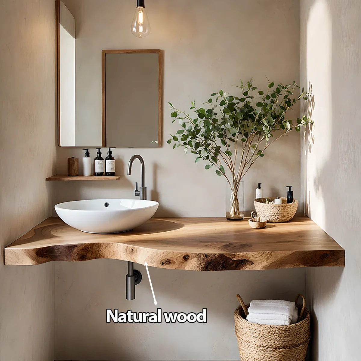 Live Edge Floating Wood Bathroom Vanity Countertop – Minimal Organic Design - Rustira
