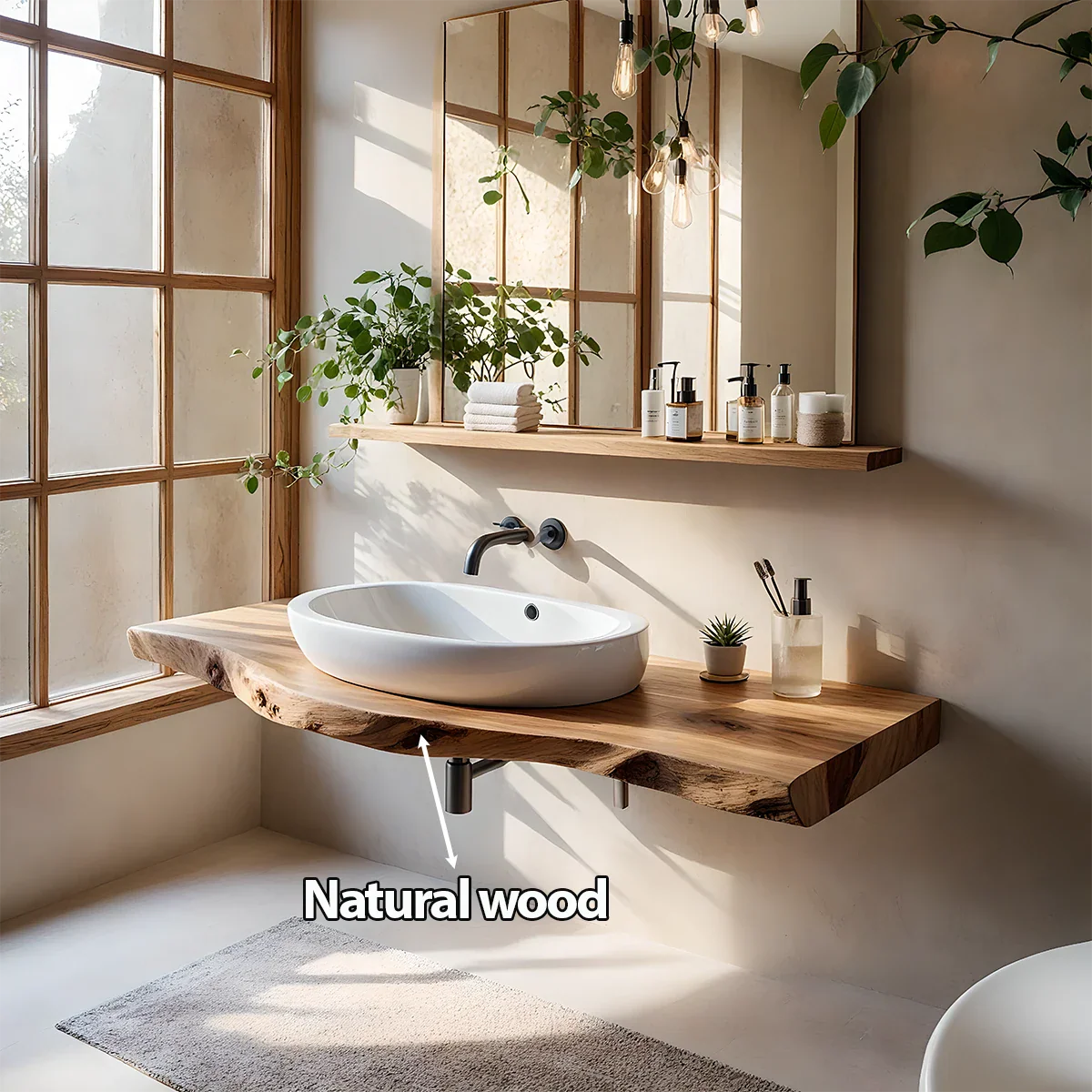 Live Edge Floating Wood Bathroom Vanity Shelf – Natural Solid Wood - Rustira