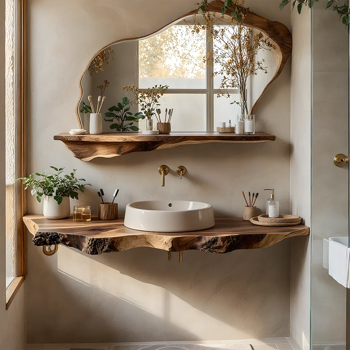 Live Edge Floating Wood Bathroom Vanity with Mirror Shelf - Rustira